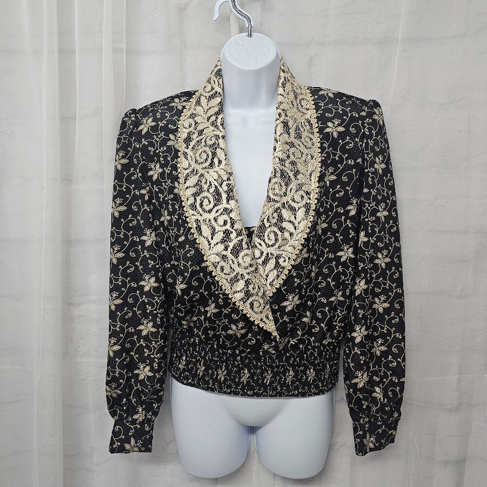 Vintage Andrea Gayle Blouse Black Tan Floral Lace Boho Retro Coquette 6